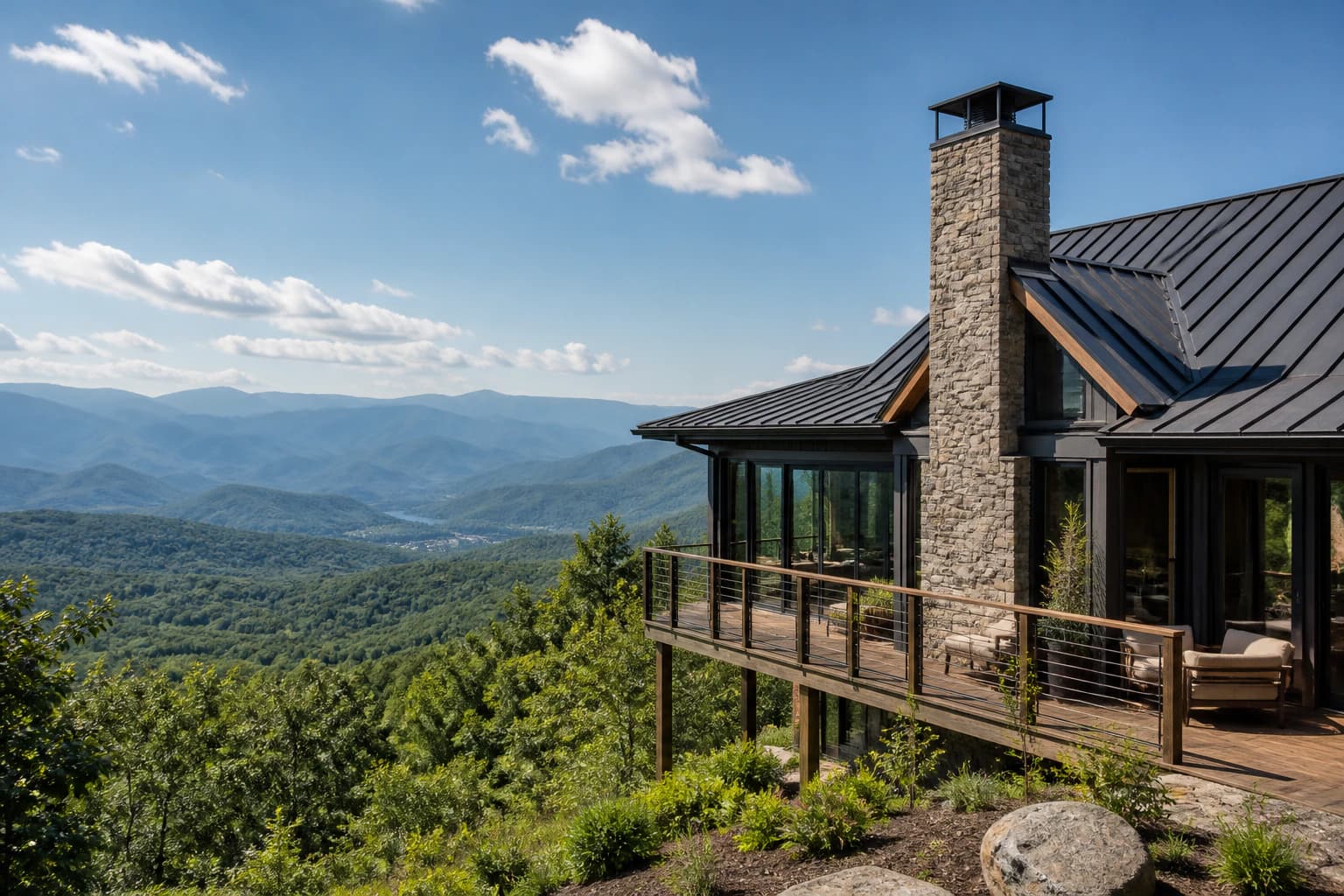 Contemporary East Tennessee mountain home surrounded by trees