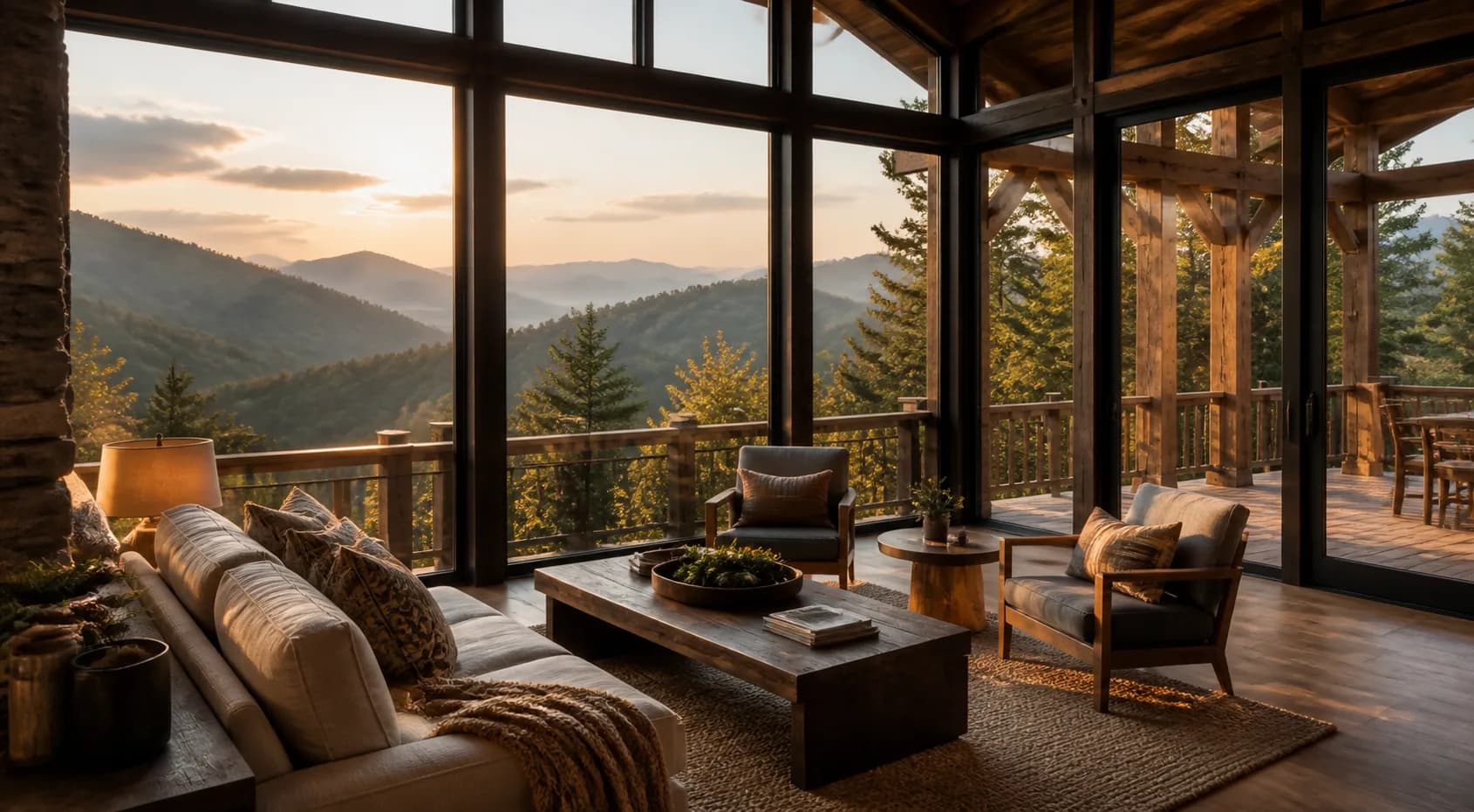 Warm mountain home interior looking toward the Smoky Mountains