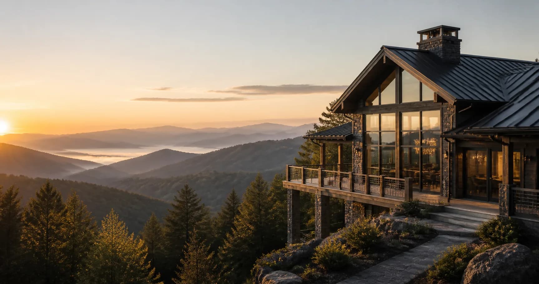 Mountain home overlooking layered Smoky Mountain ridges at sunrise